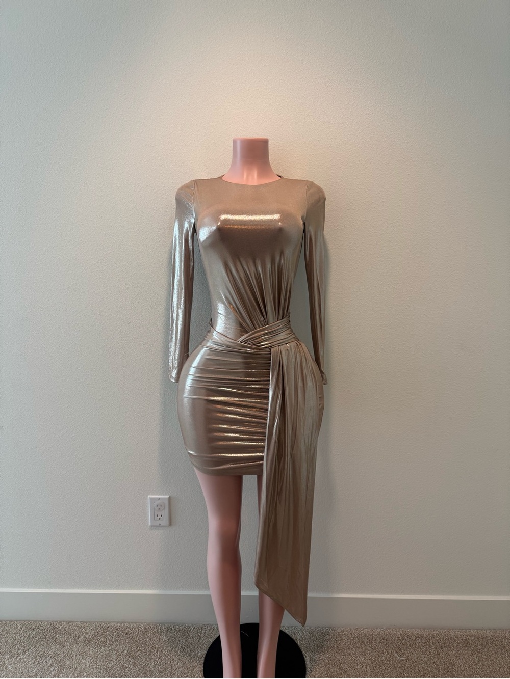 Marciano Metallic Gold Long-Sleeve Draped Mini Dress